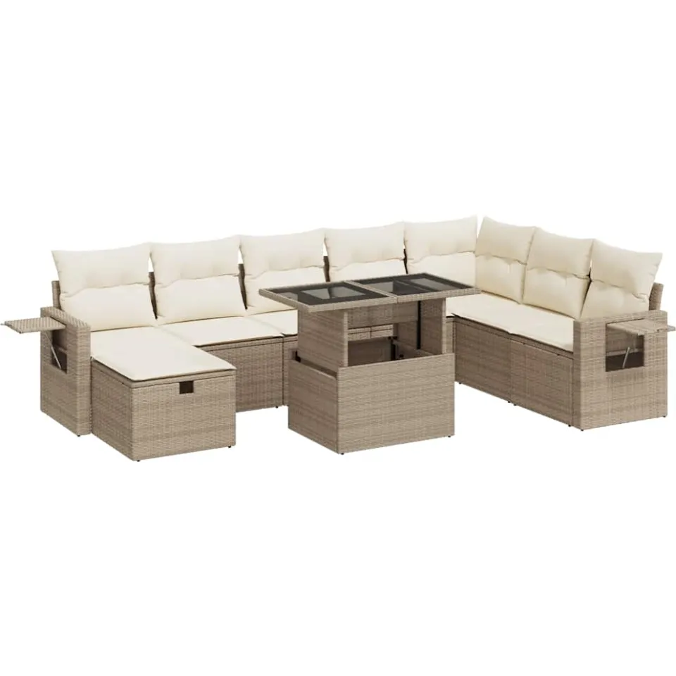 vidaXL 9-delige Loungeset met kussens poly rattan beige, foto 3