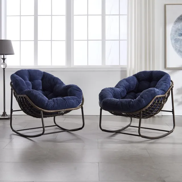 FloraGrace Schommelstoel 78 x 106 x 90 cm - Handgeweven Rotan Met Gewatteerd Kussen - Voor Tuin, Terras En Woonkamer - Staal - Donkerblauw Navy Blue