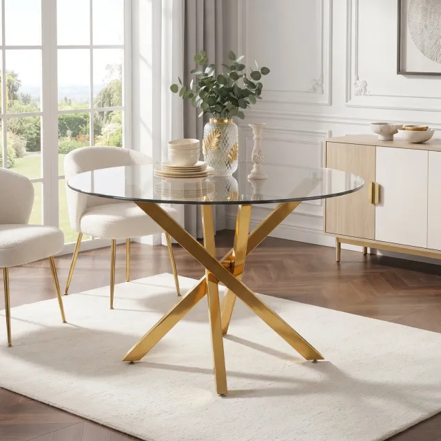 Maisentiel Ronde eettafel 80 cm – gehard glazen blad en gouden metalen X-onderstel Goudkleurig en transparant