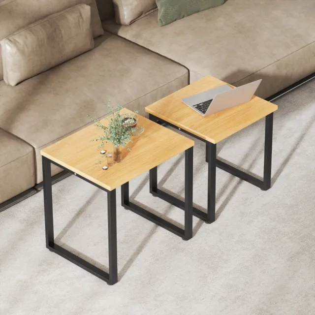 MODFU Salontafelset - Ruimtebesparend En Stapelbaar - Moderne Uitstraling - Voor Woonkamer - Spaanplaat En Metaal - Natuurlijke Houtkleur Natuurlijk hout
