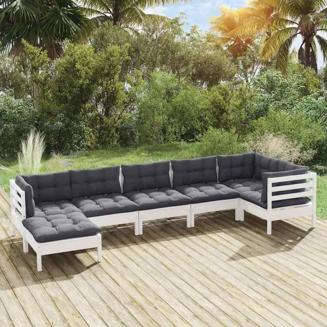vidaXL 7-delige Loungeset met kussens massief grenenhout wit, foto 2