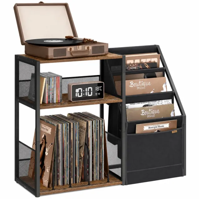 Sellino Vinylplaten standaard - Bijzettafel - LP - Platenhouder - 3 Niveaus - Capaciteit 140 platen - Bruin - 81 x 30 x 69 cm