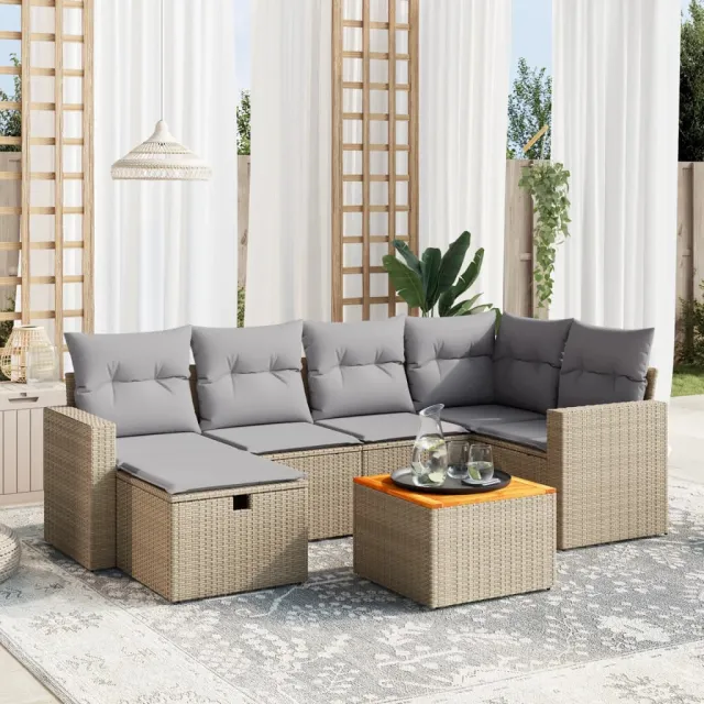 vidaXL 7-delige Loungeset met kussens poly rattan gemengd beige, foto 2