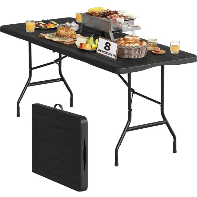 Klarven Tuintafel Opvouwbaar Zwart - Klaptafel Tuin - Tuintafel Kunststof HDPE Houtlook - Draagvermogen 120 kg - Geen Montage Nodig - B180xd74xh74cm
