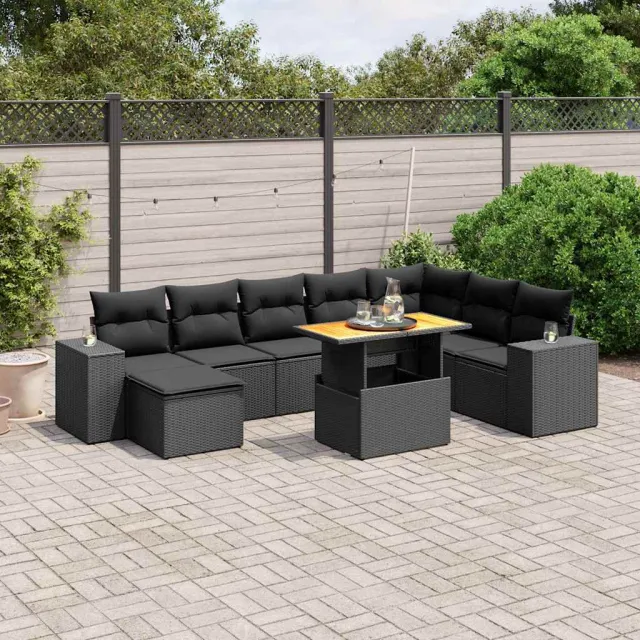 vidaXL 9-delige Loungeset met kussens poly rattan zwart, foto 2