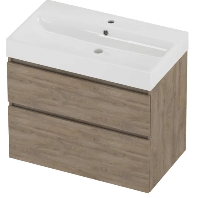 Proline Podium Badmeubelset Polystone Loft 1 Kraangat Asymmetrisch 80x46x70 cm Glans Wit Raw Oak Eiken