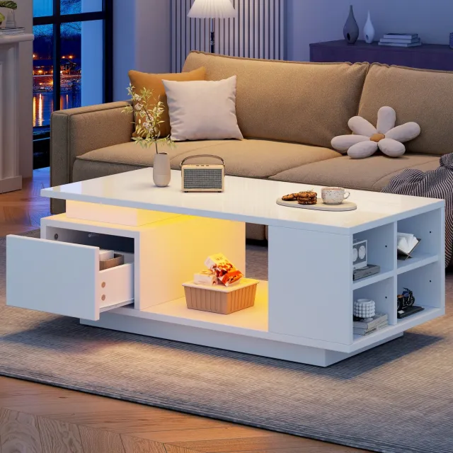 PHOEBE CAT Salontafel - Met lades - Hoogglans - LED-verlichting - Wit Wt