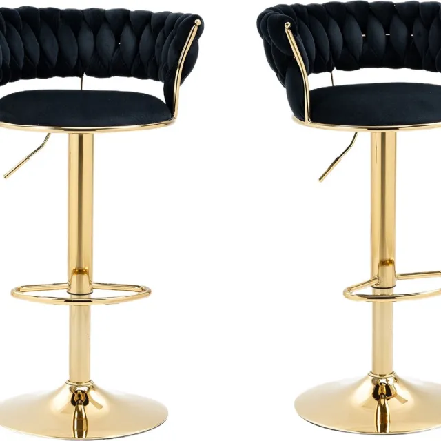 Merax Set van 2 Draaibare Barkrukken – 360° Verstelbare Fluwelen Barstoelen met Handgeweven Rugleuning en Gouden Basis – Zwart