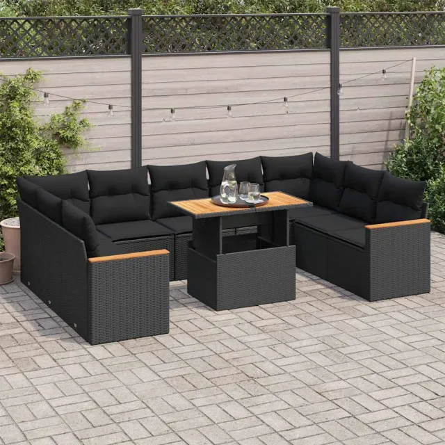 vidaXL 10-delige Loungeset met kussens poly rattan acacia zwart, foto 2