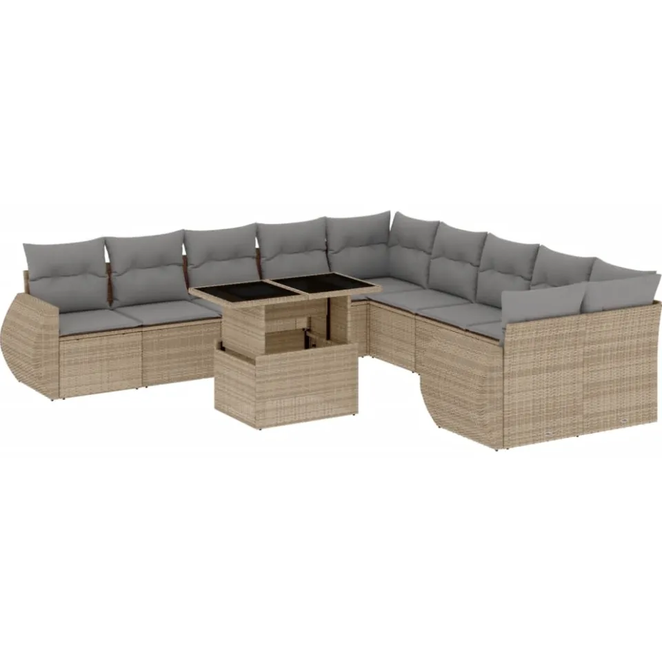 vidaXL 11-delige Tuinset met kussens poly rattan beige, foto 3