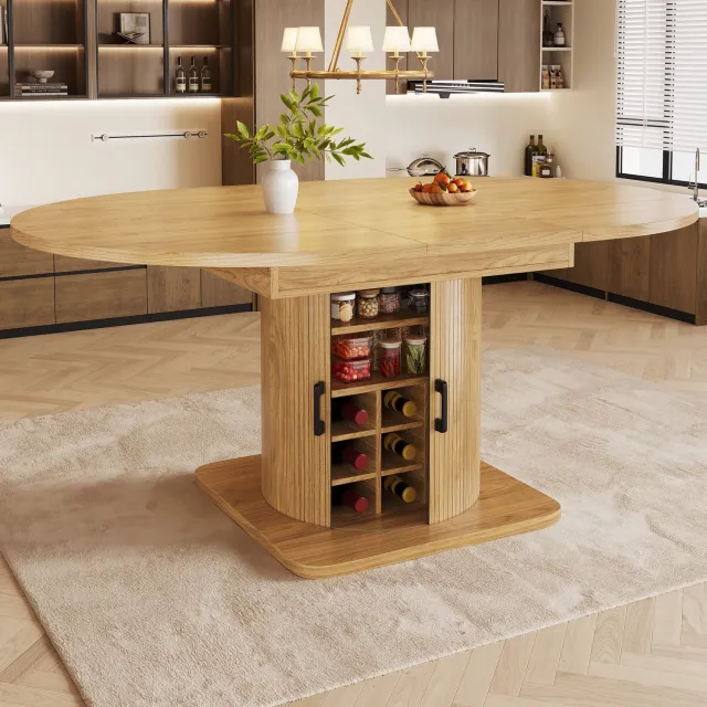 Clruro Eettafel - 118–158×118×76 cm - Uitschuifbaar - Opbergruimte - MDF/Metaal - Naturelbruin Lichtbruin