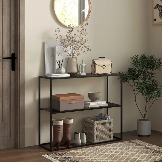 FloraGrace Sidetable – 90 X 30 X 75 Cm – Met Twee Open Vakken En Kantelbeveiliging – Staal – Zwart – Voor Hal, Woonkamer En Eetkamer