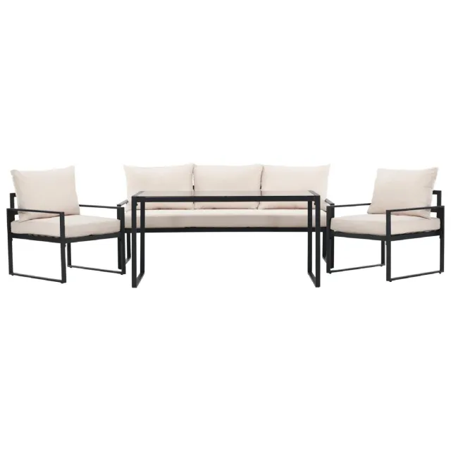 Nest of Nora Loungeset tuin Kyra - 4-delig met tafel - Stalen frame en glas tafelblad - Zwart/Beige