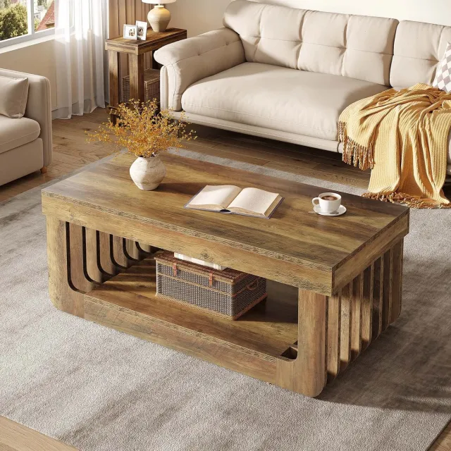Vivero Salontafel - Bijzettafel - Rechthoekige design tafel - Kleur rustiek hout - Luxe en rustiek design met opbergruimte - Afmetingen 120x60x45 cm Rustiek bruin