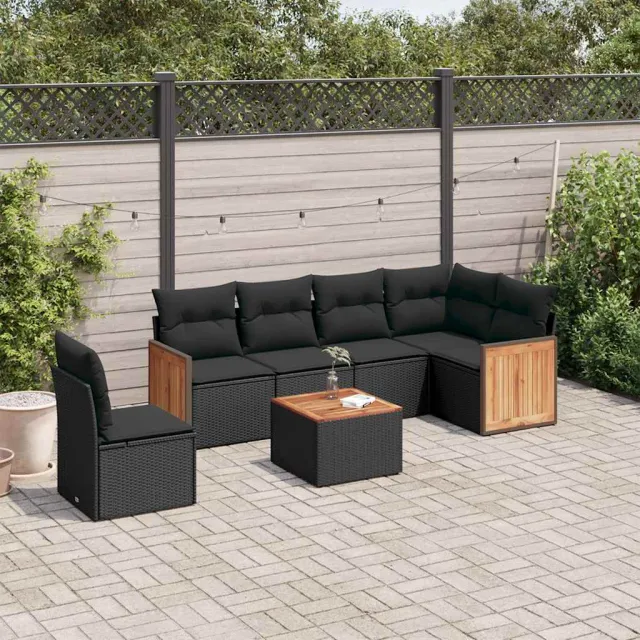 vidaXL 7-delige Loungeset met kussens poly rattan zwart, foto 2