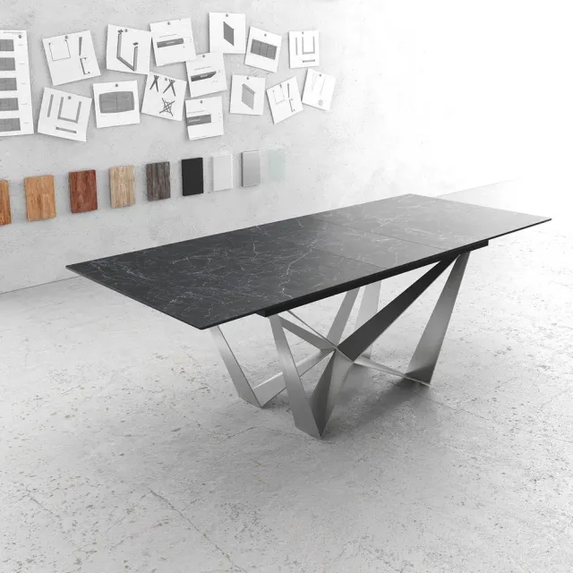 DELIFE Eettafel Edge Laminam® keramiek grijs 180-220x100cm middenvoet vlak staal zilver Nero Greco Anthrazit