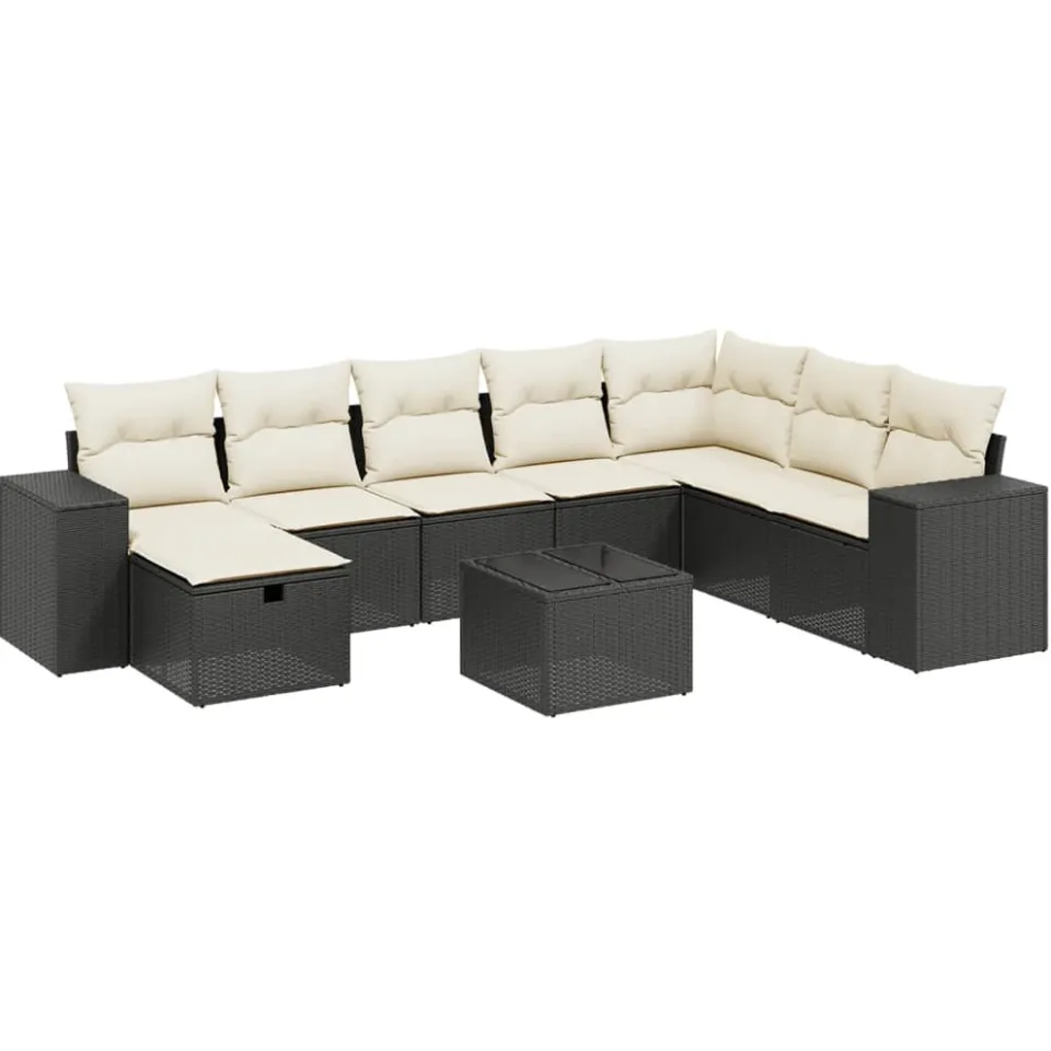 vidaXL 9-delige Loungeset met kussens poly rattan zwart
