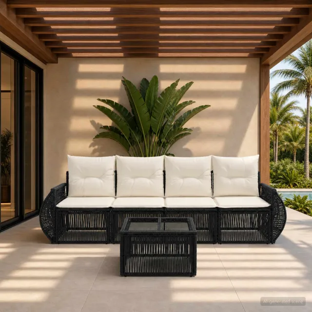 vidaXL Tuinbankenset 5 st 4-zits Zwart en Cream Wit poly rattan, foto 2
