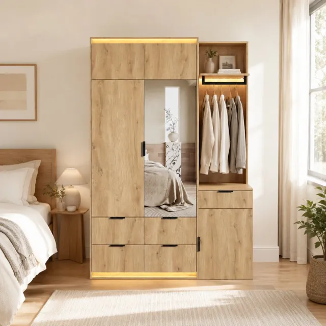 Pugsdrly Kledingkast, garderobeset, met LED-verlichting en kapstok, 135 x 47 x 200 cm, halgarderobe, met 2 kledingstangen, 5 lades en 3 LED-lampjes, antraciet-eiken Hout