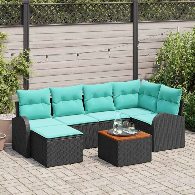 vidaXL Tuinbankenset 7 st Zwart en Turquoise poly rattan