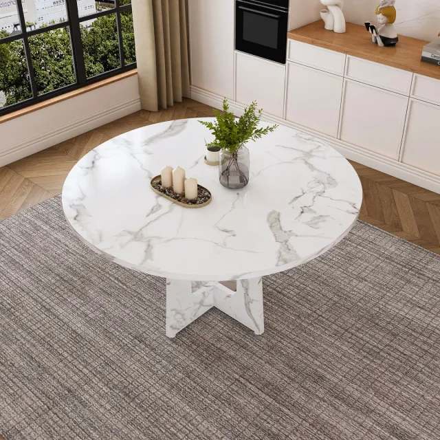 HAUSS SPOLE Eettafel - Ronde Tafel Met Marmerlook Voor 4 Personen - Voor Eetkamer Keuken En Woonkamer - MDF - 120x120x76 Cm - Wit