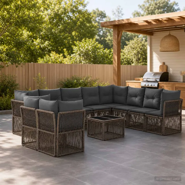 vidaXL Tuinbankenset 11 st 10-zits Grijs poly rattan