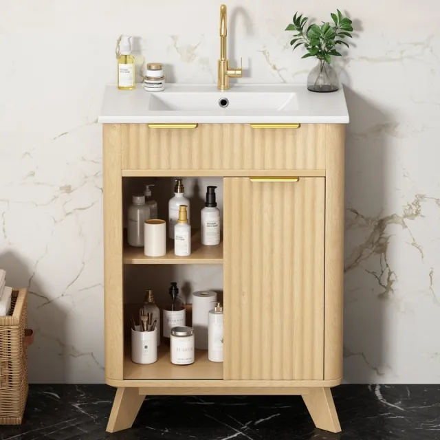 STILVORA Badkamerkast - Vrijstaand Wastafelmeubel Met Golfontwerp - 3 Lades En Schuifdeur - Voor Badkamer - MDF En Keramiek - Naturel Hout - 61 Cm Natural Wood