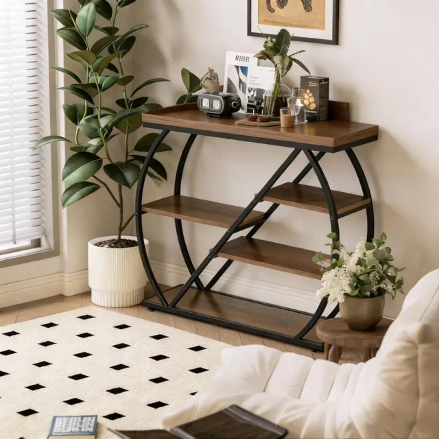 Tribesigns Consoletafel met 5 niveaus - Bruin - industriële Consoletafel - opbergplanken en gebogen metalen frame - 105 x 30 x 80 cm - Console Tafel voor Hal, Woonkamer, Entree
