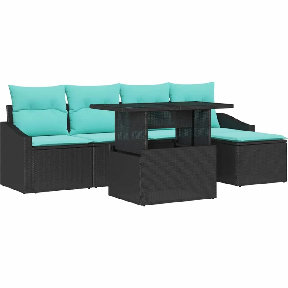 vidaXL Tuin Sofa Set 6 st Zwart en Blauw poly rattan, foto 4
