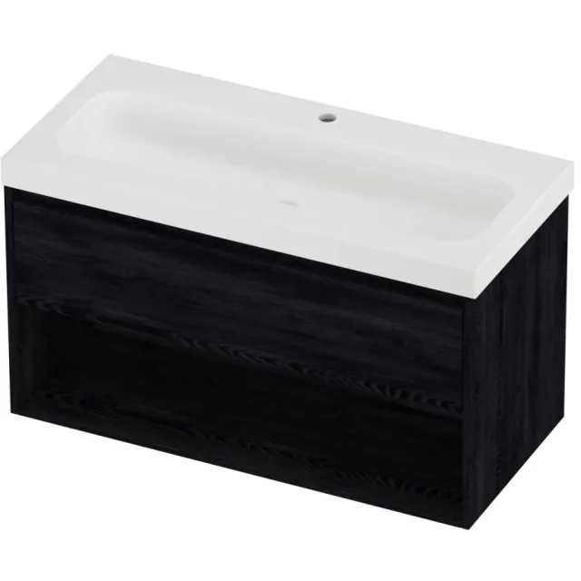 Proline Haga Badmeubelset Polystone Mezza 1 Kraangat Met Schap 100x46x58 cm Mat White Black Oak Eiken