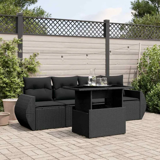 vidaXL 5-delige Loungeset met kussens poly rattan zwart, foto 2