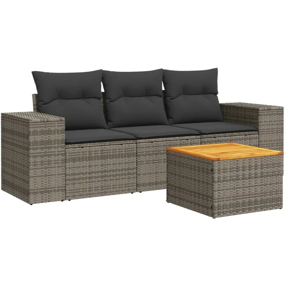 vidaXL 4-delige Loungeset met kussens poly rattan grijs, foto 3