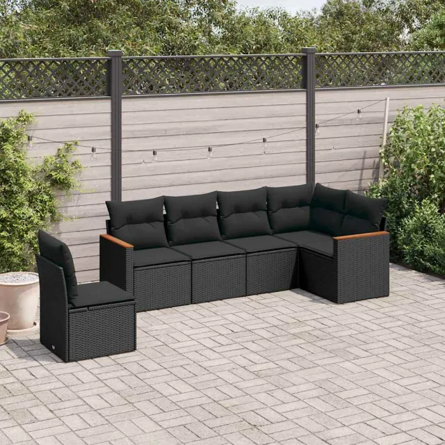 vidaXL 6-delige Loungeset met kussens poly rattan zwart, foto 2