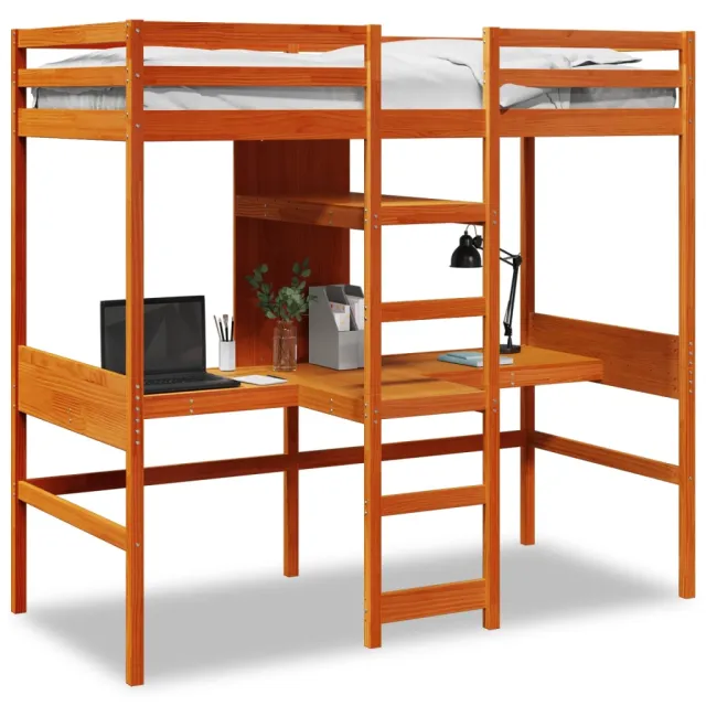 vidaXL Hoogslaper met bureau en schappen grenenhout wasbruin 90x200cm