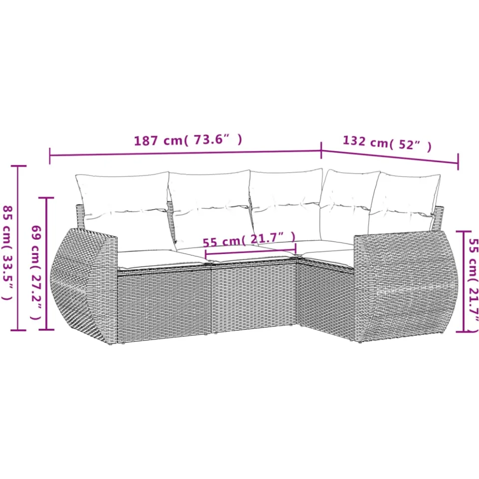 vidaXL 4-delige Loungeset met kussens poly rattan zwart, foto 3