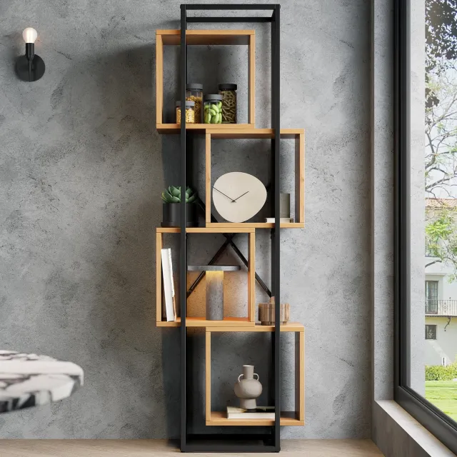 Maisentiel Open boekenkast met 4 vakken – MDF en metaal – zwart/bruin – 59 x 30 x 180 cm