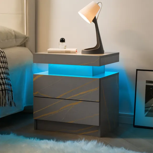 MIVRAY Nachtkastje - Met Verstelbare LED Verlichting En 2 Lades - Voor Slaapkamer En Woonkamer - Houtlook Grijs Goud