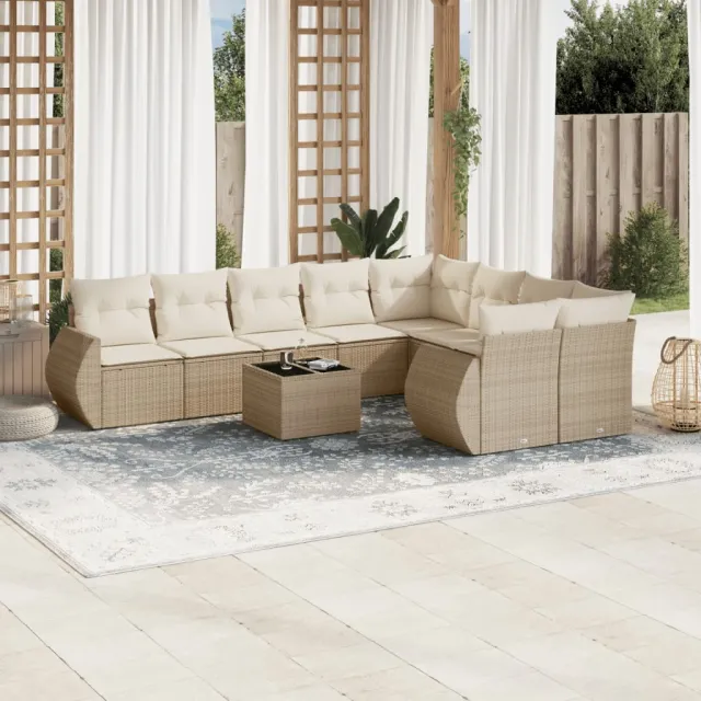 vidaXL 10-delige Loungeset met kussens poly rattan beige, foto 2