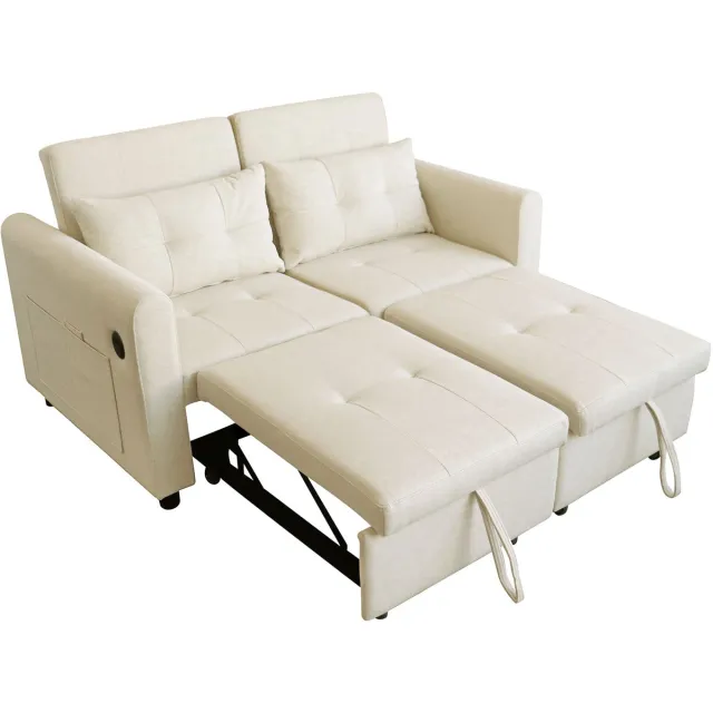 MEUBLE COSY 3-in-1 Slaapbank - 2-Zits Katoen Linnen Met USB En Kussens - Beige
