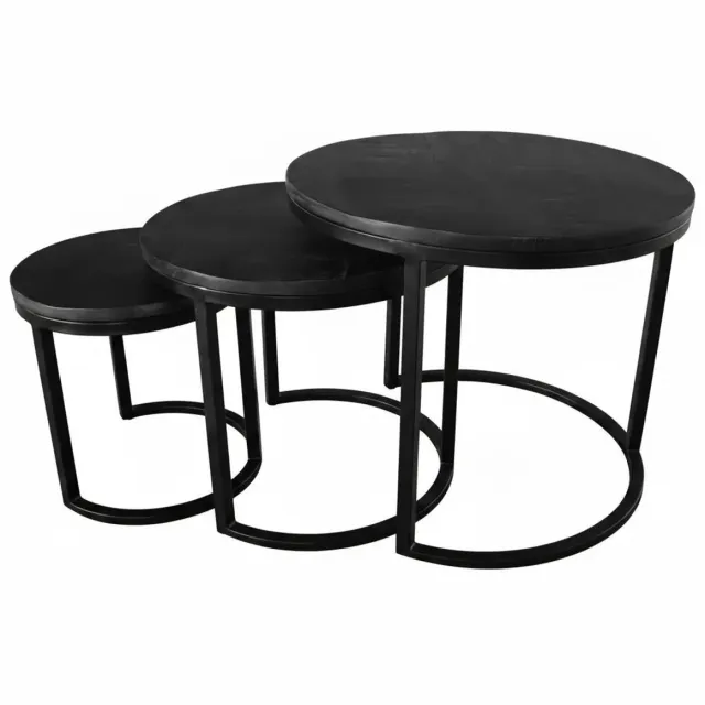 Lizzely Garden & Living Salontafel rond 3delig mangohout Jaell zwart side table industrieel duurzaam massief hout mango bijzettafel