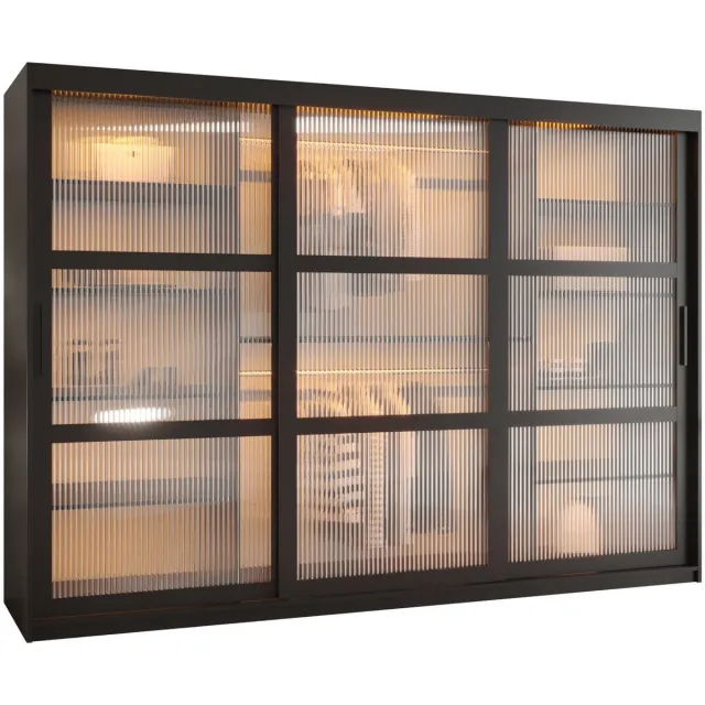 AJE Meubles B.V. Zweefdeurkast Kledingkast met 3 schuifdeuren glanzen slaapkamerkast Kledingstang met planken Garderobekast met geribbeld glas - ARTON (250 cm, Zwart)