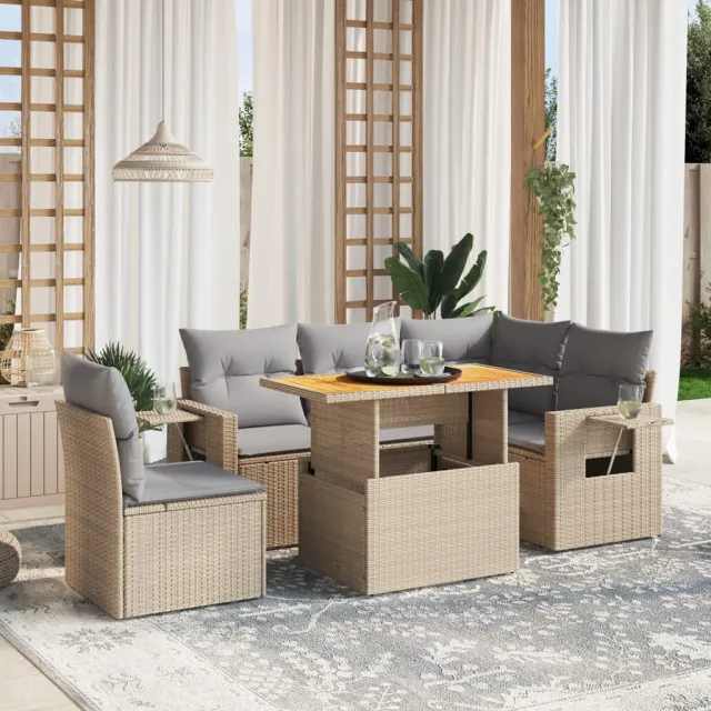 vidaXL 6-delige Loungeset met kussens poly rattan beige, foto 2