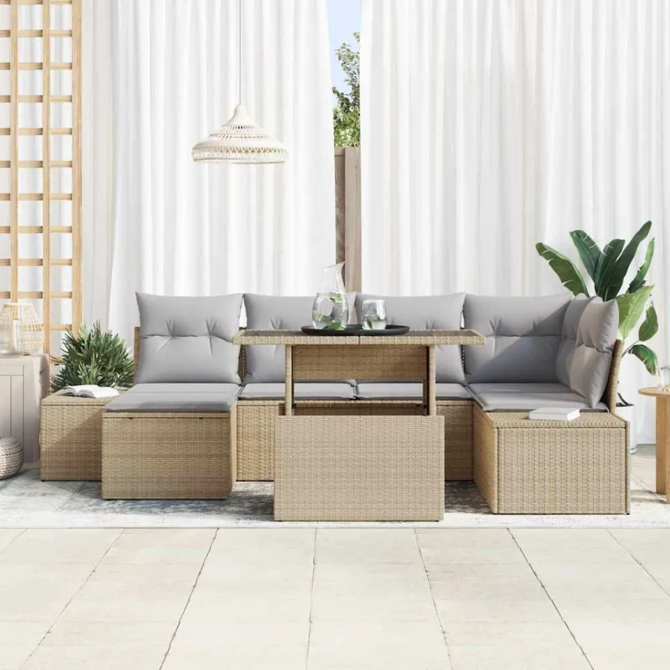 vidaXL Tuin Sofa Set 7 st Beige en Licht Grijs poly rattan, foto 3