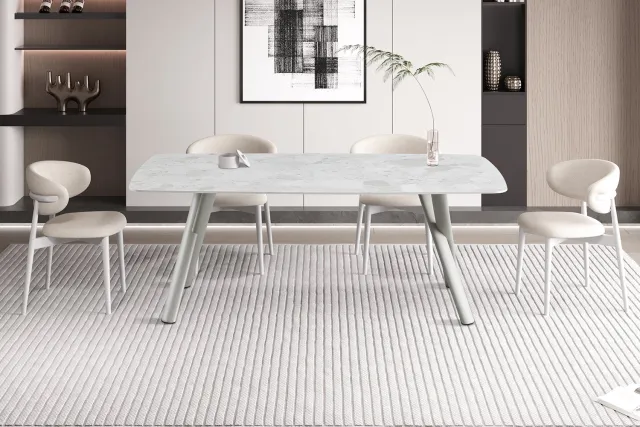 Rousseau Orion Eettafel – 200 x 100 cm – Beige Stenen Blad – Beige Metalen Onderstel grijs