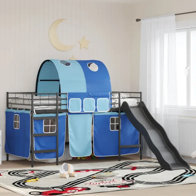 vidaXL Bunkbed voor kinderen met gordijnen Zwart en Blauw 90 x 200 cm
