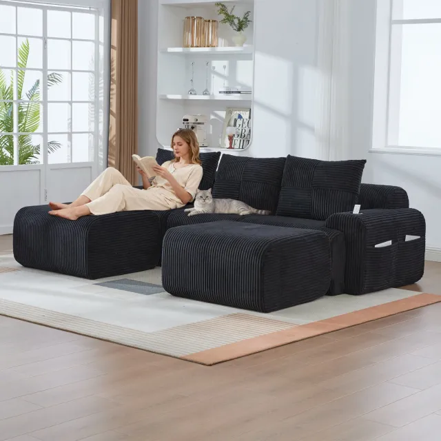MODENUIT Hoekbank 268 x 174 cm - Modulair Met 2 Hockers, Bekerhouder En Opbergvak - Woonkamer - Cord - Zwart