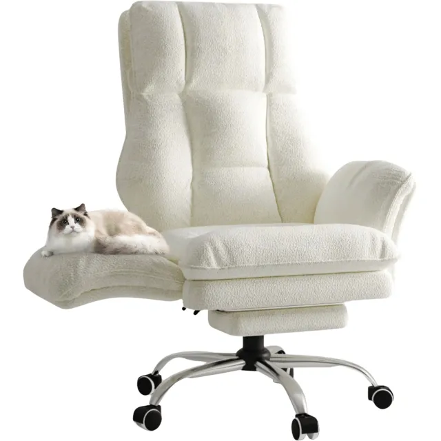 Homezo bureaustoel - Relaxstoel - Opklapbare armleuningen - Voetensteun - Verstelbaar - Zwenkwielen - 150 kg - Wit teddy fleece