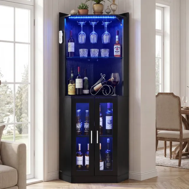 Vevor Hoekbarkast met LED-Verlichting (Dimbaar), Wijnkast met Glashouder en Wijnrek, Hoekkast met Anti-Kantelbeveiliging, Hoekbar voor Woonkamer, Eetkamer en Keuken, 50 X 50 X 170 cm Zwart