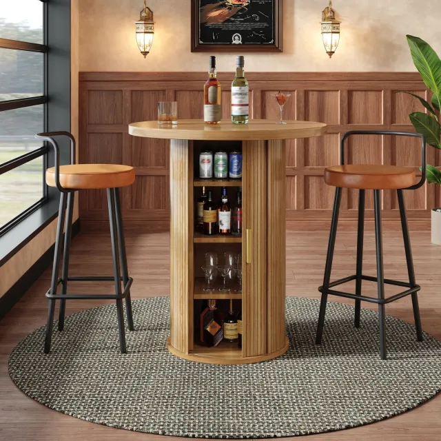 CHICFURN Bartafel - Opbergruimte - Rond - MDF en metaal - Hout Houtkleur