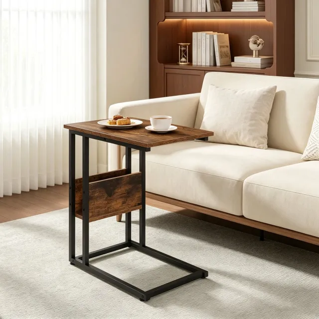 MEUNIQ C-vormige bijzettafel 36 x 55 x 59,5 cm met opbergrek, rechthoekig blad en metalen frame, bruine laptoptafel voor woonkamer en slaapkamer Rustiek bruin